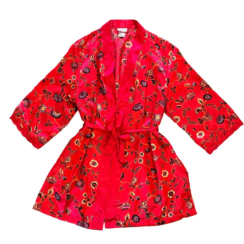 Delta Burke Red Floral Satin Kimono Robe‎ With Lace Trim 3x